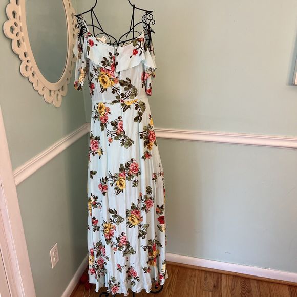 Onetheland Cottagecore Feminine Mint Green Gloral Dress Cold Shoulder Prairie S - Picture 4 of 5
